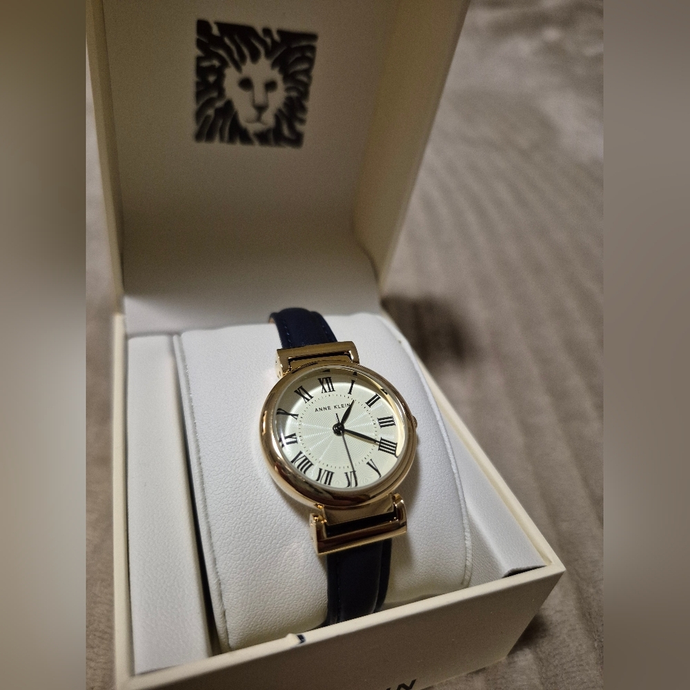 Anne Klein Gold-Tone Watch with Blue Leather Strap
